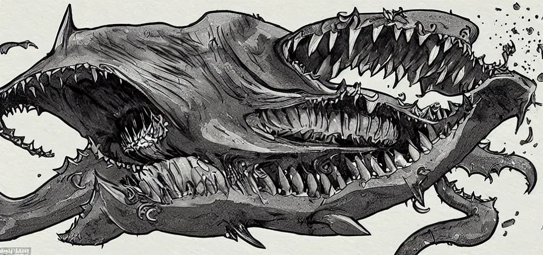 Prompt: concept art of shark attack, lovecraftian, lots of teeth, melting horror, fighting the horrors of the unknown with laser guns