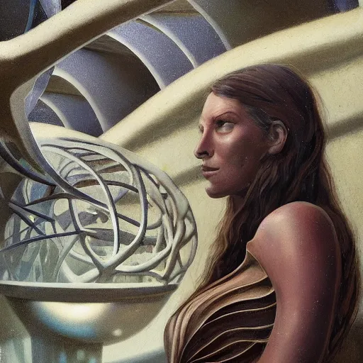 Image similar to detailed face of a woman with obsidian eyes in a biomorphic courtyard with dna sculptures at a science expo, atmospheric, ambient, pj crook, syd mead, livia prima, artgerm, greg rutkowski, nick alm, casey baugh