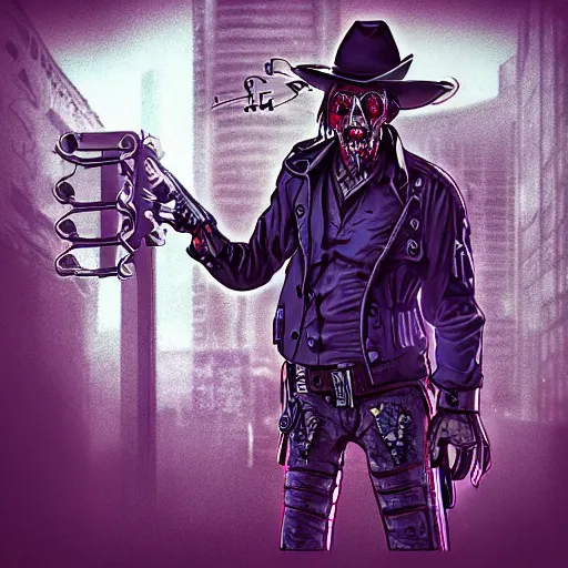 Image similar to album art of a cyberpunk undead cowboy