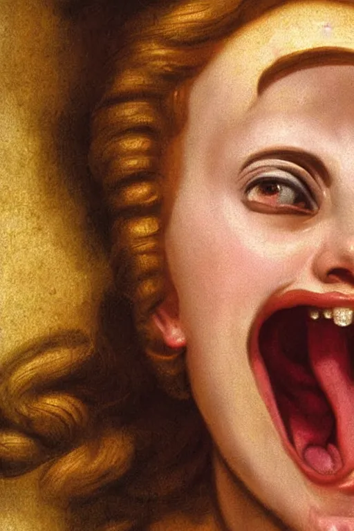 Image similar to beautiful woman, screaming face, closeup, dressed in roman clothes, ultra detailed, art by Guido Reni style