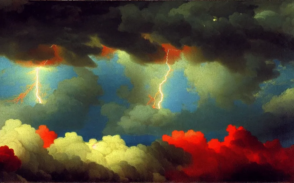 Image similar to lightning strikes a close up of a dark cloud with a cloudy sky blue and red and green colors high detailed by aivazovsky