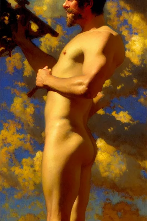 Image similar to attractive male painting sky, painting by gaston bussiere, craig mullins, j. c. leyendecker