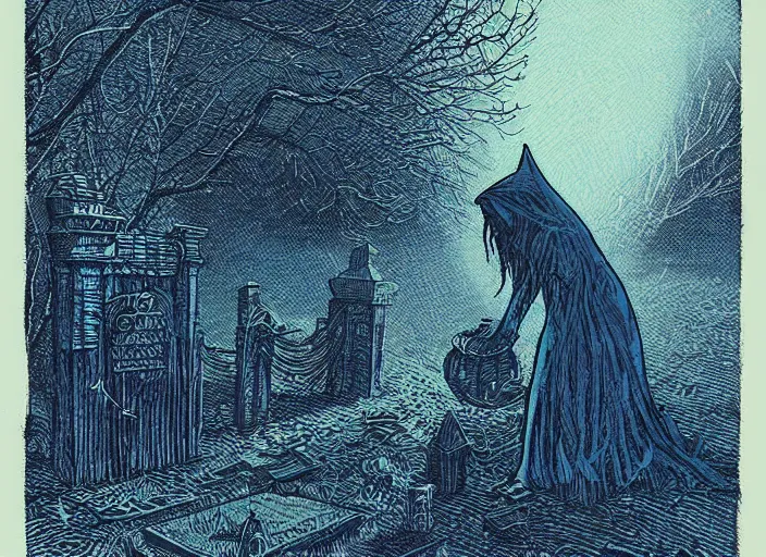 Image similar to blue woodcut print, halloween witch in graveyard at midnight by greg rutkowski, fine details, highly detailed