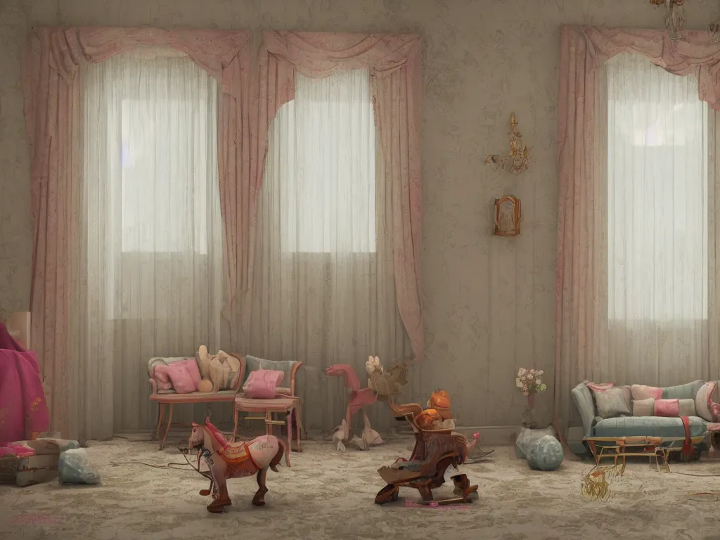 Image similar to 3D render of vintage interior house with very large curtains and toys on the floor and a rocking horse in the middle, High detail, Octane Render, faded colors, pastel colors