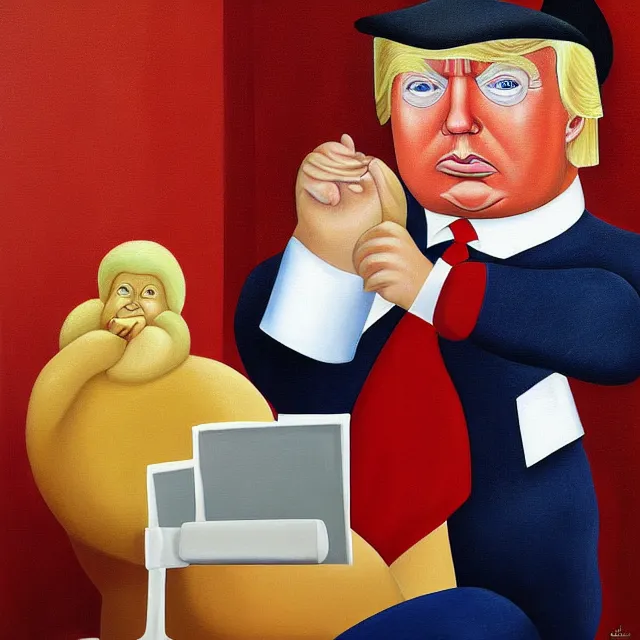Image similar to donald trump on the toilet painting by fernando botero