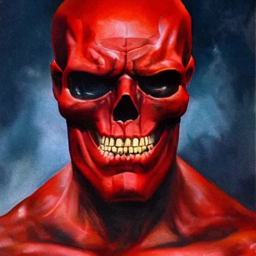 Image similar to ultra realistic head and shoulders portrait painting of red skull, art by frank frazetta, 4 k, ultra realistic, highly detailed, epic lighting