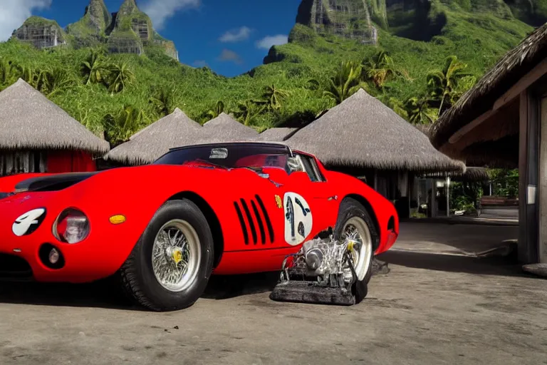 Image similar to cinematography of Ferrari 250 GTO series 2 in bora bora by Emmanuel Lubezki