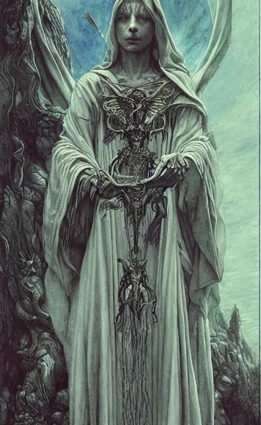 Image similar to a tarot card of a goddess in white robe, cinematic lighting, highly detailed, symmetric, concept art, masterpiece, fantasy art, hyperdetailed, hyperrealism, saturated colors, art by zdzistaw beksinski, arthur rackham, dariusz zawadzki, larry elmore