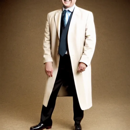 Image similar to full length shot : : clean - shaven smiling white chubby italian american man in his 4 0 s wearing a long brown overcoat and necktie and black shoes shoes shoes holding a burger, 2 0 0 6 advertising promo shot