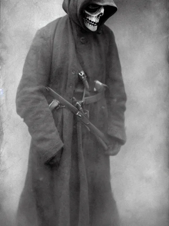 Image similar to portrait of faceless grim reaper, ww1 photo, grainy, high detail, high resolution,