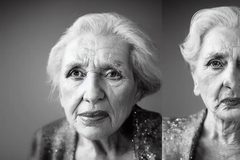 Prompt: a realistic studio cinematic headshot portrait of a beautiful old woman, wearing futuristic white suit, thunder, weather, 4 k, ultra realistic, dramatic lighting, vogue, fashion, by annie leibovitz