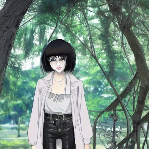 Image similar to 1 7 - year - old pale - skinned persian girl with black long bob cut, long bangs, black gothic jacket, black jeans, psychic girl, standing under treehouse in city plaza, urban plaza, treehouse hotel, large tree, ultra - realistic, sharp details, subsurface scattering, blue sunshine, intricate details, hd anime, 2 0 1 9 anime