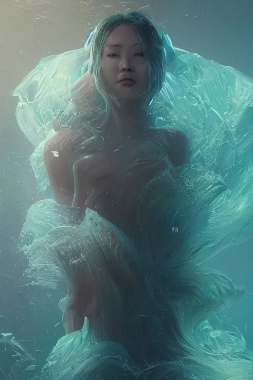 Image similar to A fancy portrait of a crystalized ocean by Greg Rutkowski, beeple, Sung Choi, Mitchell Mohrhauser, Maciej Kuciara, Johnson Ting, Maxim Verehin, Peter Konig, final fantasy, macro lens, 35mm, 8k photorealistic, cinematic lighting, HD, high details, dramatic, dark atmosphere, trending on artstation