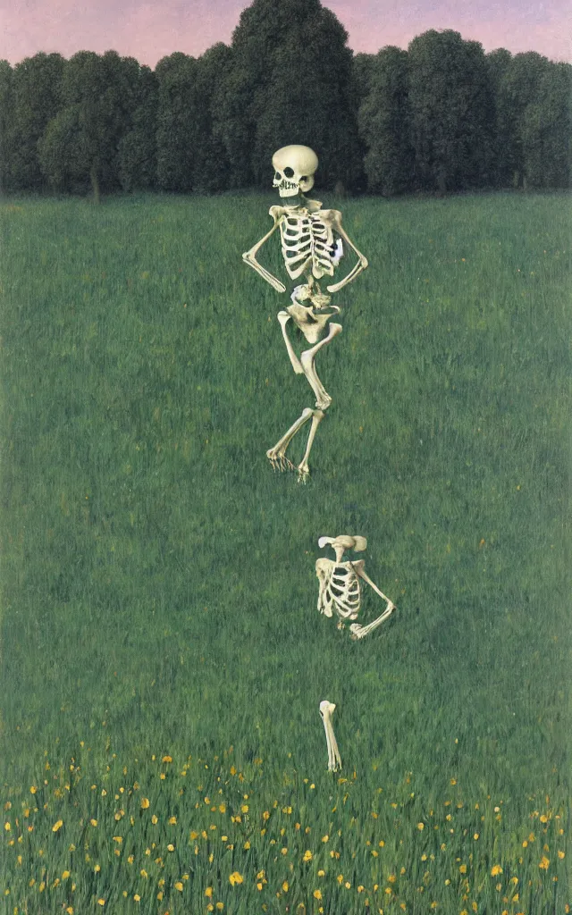 Prompt: human skeleton looking at you in distance in beautiful meadow of flowers, detailed painting by rene magritte