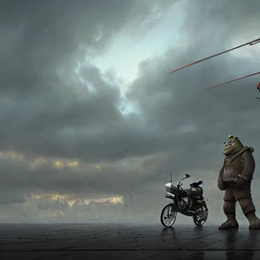 Image similar to steven armstrong vs shrek on helipad during storm, hyperrealism, no blur, 4 k resolution, ultra detailed, style of dragan bibin, denis villeneuve, tyler edlin, greg rutkowski