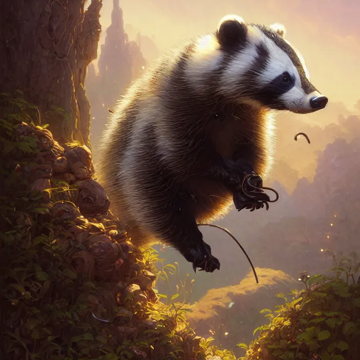 Image similar to highly detailed portrait of a cute badger, unreal engine, fantasy art by greg rutkowski, loish, rhads, ferdinand knab, makoto shinkai and lois van baarle, ilya kuvshinov, rossdraws, tom bagshaw, alphonse mucha, global illumination, radiant light, detailed and intricate environment