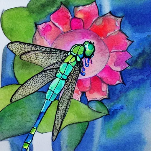 Image similar to water color illustration of a dragonfly with a human head. flower in it's mouth. collaborative piece by the worlds best artists. trending on everything, all the details.