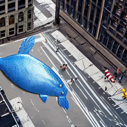 Prompt: an aerial photograph of a giant metallic fish sculpture in the center of a new york street, a large crowd have gathered, by Claes Oldenburg and jeff koons, pop art, 3D render, Volumetric dynamic lighting, Highly Detailed, Cinematic Lighting, Unreal Engine, 8k, HD