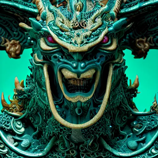 Image similar to a closeup portrait photo, alabaster and jade real delicate ceramic porcelain sculpture of an ornate detailed humanoid dragon demon devil god in front of an intricate background by rafael, micro detail, backlit lighting, subsurface scattering, translucent, thin porcelain, emerald, flames, amber, octane renderer, colorful, physically based rendering, trending on cgsociety