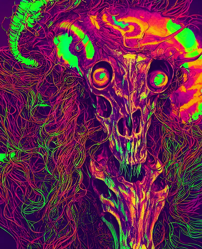 Prompt: psychedelic shaman close - up portrait goat skull. jellyfish phoenix head, nautilus, orchid, monkey skull, betta fish, bioluminiscent creatures, intricate artwork by tooth wu and wlop and beeple. octane render, trending on artstation, greg rutkowski very coherent symmetrical artwork. cinematic, hyper realism, high detail, octane render, 8 k