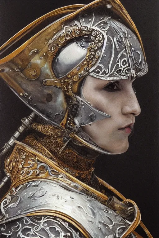 Image similar to hyperrealism oil painting, close-up portrait of medieval euopean fashion model, knight, steel gradient mixed with water swirls sky, in style of baroque mixed with 70s japan book art