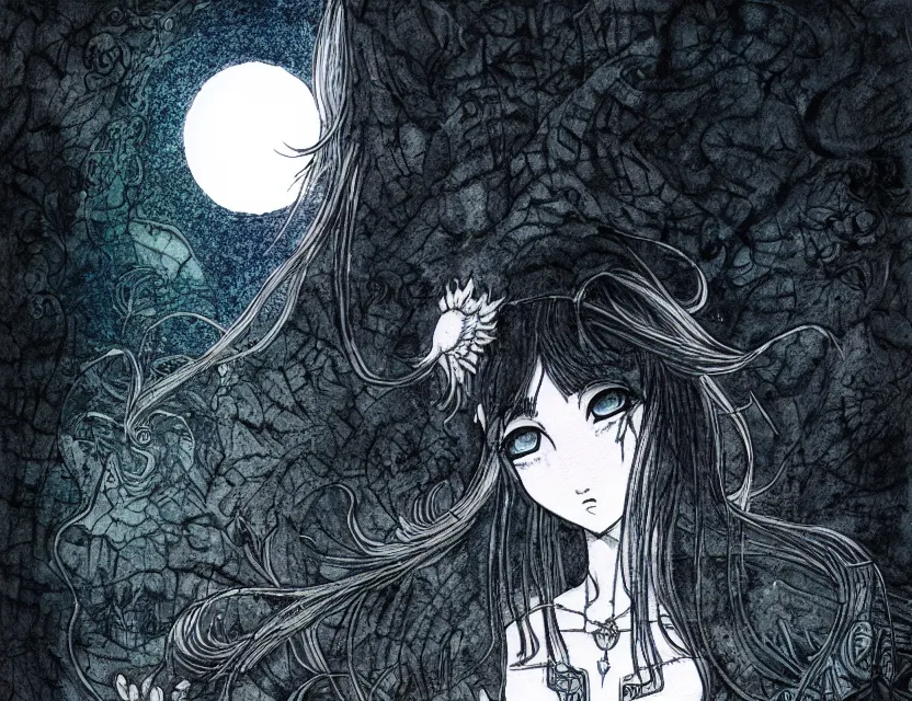 Prompt: moon priestess. color ink wash by award - winning mangaka, chiaroscuro, bokeh, backlighting, field of depth