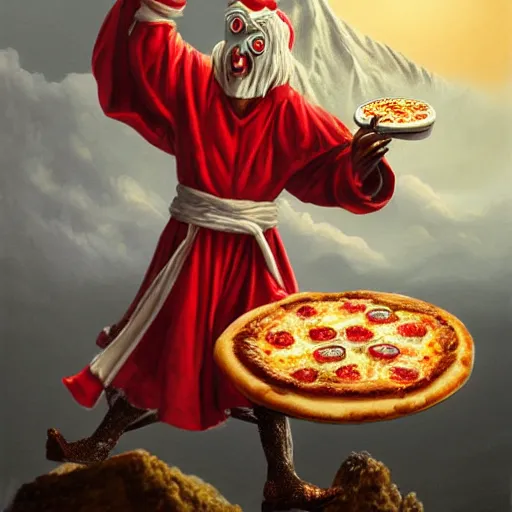 Image similar to a highly detailed pulcinella! with a pizza! margherita, full body, volcano in background, lava and smoke, ominous, detailed painting by arturo faldi, trending on deviantart, octane, masterpiece