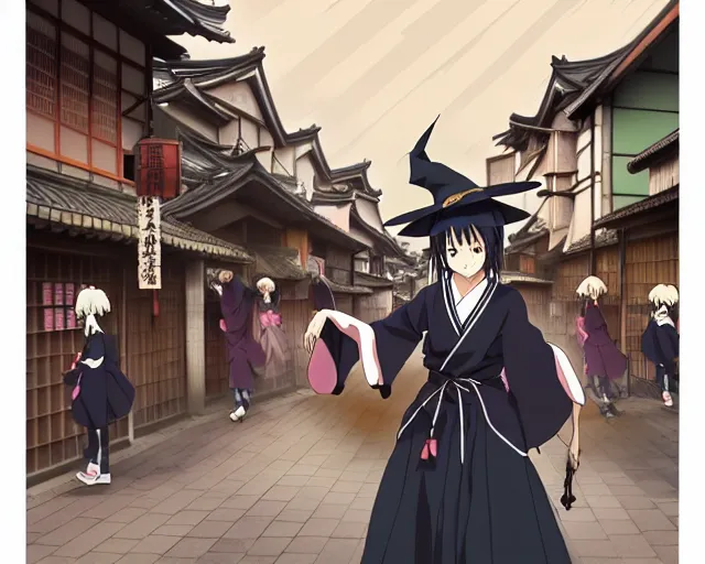 Image similar to key anime visual portrait of a young female witch walking through a busy village, yoshitoshi abe, dynamic pose, dynamic perspective, cinematic, dramatic lighting, muted colors, detailed silhouette, textured, anime proportions, kyoto animation, anmi,