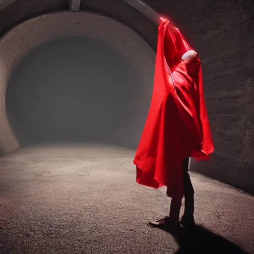 Prompt: a figure covered by red cloth that's blowing in the wind standing in a creepy tunnel with atmospheric light, digital art, concept art, cloth simulation with houdini, octane, redshift, 8 k