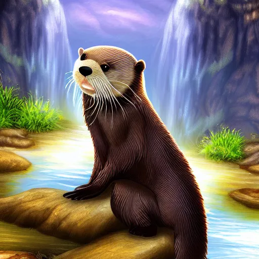 Prompt: furry otter warrior, fantasy art by Kathy Bakett, lightweight armour, near the river, waterfall, digital art, high quality, 4K