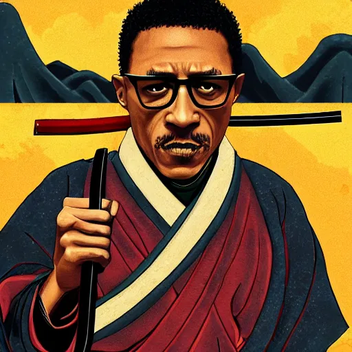 Prompt: gustavo fring from breaking bad wearing samurai armor and holding a katana in feudal japan, 4 k, hyper realistic, ink block painting, edo period