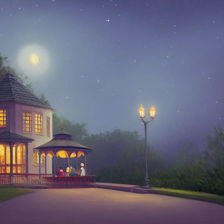 Image similar to a storybook illustration of a beautiful cozy moonlit gazebo, fireflies, quiet night foggy scene painted by Edward Hopper masterpiece, intricate, elegant, fantasy, highly detailed, digital painting, concept art, sharp focus, artstation