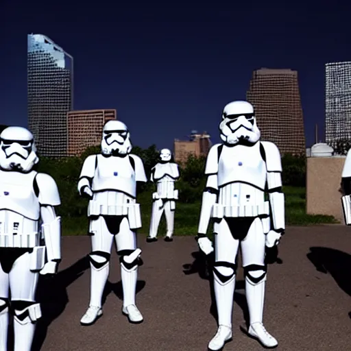 Image similar to stormtroopers in front of the austin skyline