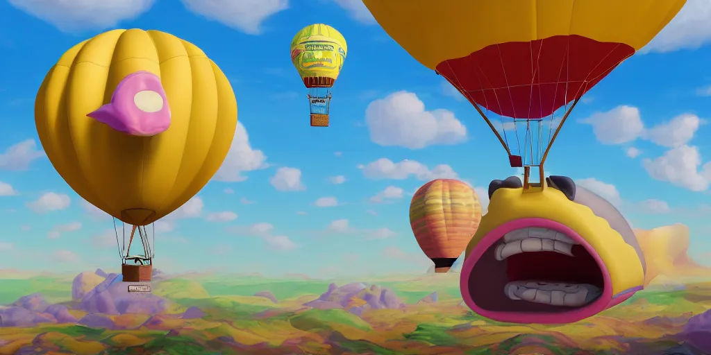 Prompt: a surreal painting of a hot air balloon made from an inflated SpongeBob SquarePants | unreal engine: .4