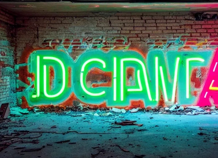 Image similar to an abandoned industrial basement lit a neon sign advertising GAK