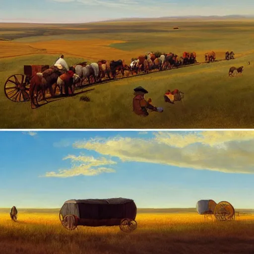 Prompt: a pioneer caravan of covered wagons, oil painting, great plains, american pioneers, oregon trail, fluffy clouds, wide view, epic, colors, ultra realistic