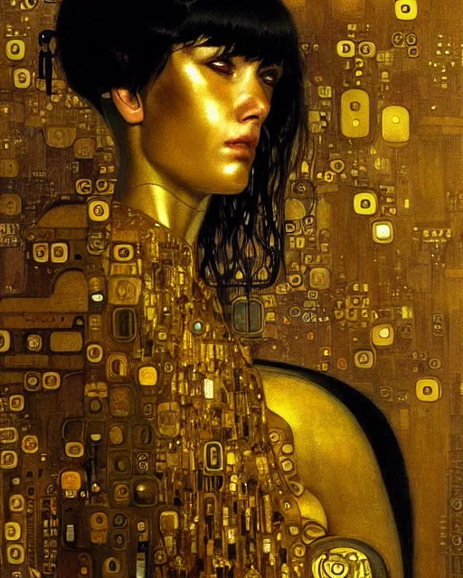 Image similar to Golden Portrait of a Cyborg from Ghost in the shell by Gustav Klimt, cyberpunk noir, baroque elements, intricate artwork by caravaggio, aesthetic, intricate, highly detailed, masterpiece