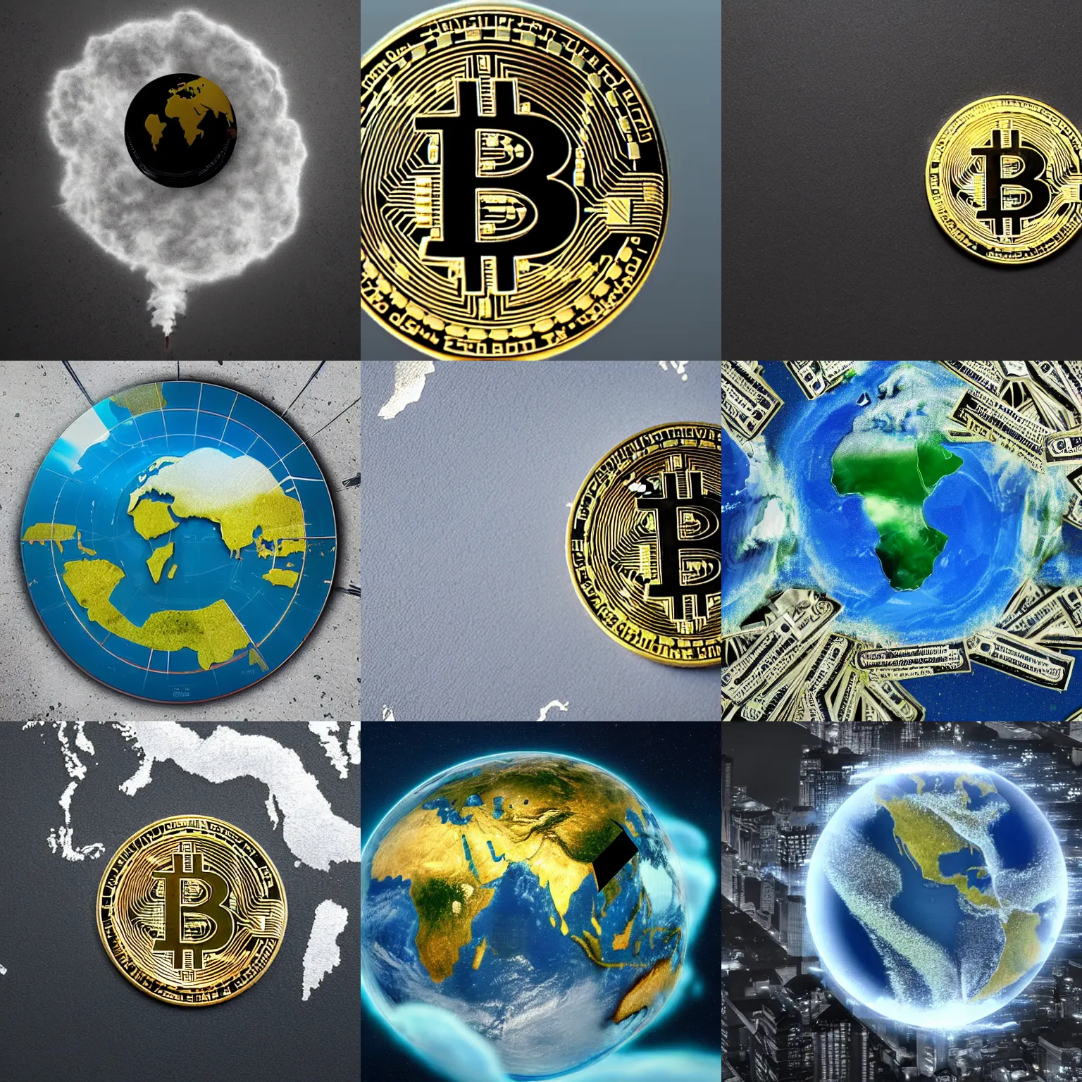 Prompt: < photo futuristic polluted > a think plume of pollution in the shape of bitcoin covers the earth < / photo >