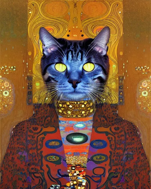 Prompt: cool cat portrait an oil painting splashes with many colors and shapes by gustav klimt greg rutkowski and alphonse mucha, polycount, generative art, psychedelic, fractalism, glitch art