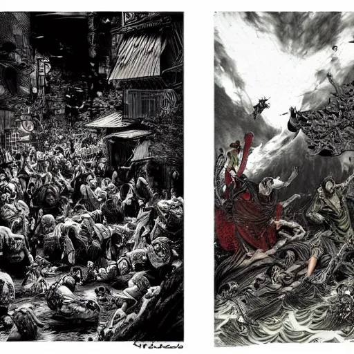 Prompt: yakuzas vs yokais in post-apocalyptic tokyo, composition by Tyler Stout, drawings by gustave doré, anders zorn