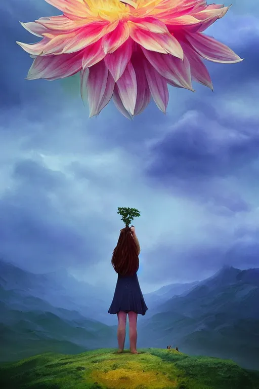 Image similar to closeup giant dahlia flower under head, girl standing on mountain, surreal photography, blue storm clouds, dramatic light, impressionist painting, digital painting, artstation, simon stalenhag