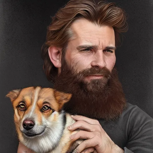 Image similar to portrait of a young, ruggedly handsome man holding a corgi dog, soft hair, muscular, half body, cloth, hairy, d & d, fantasy, intricate, elegant, highly detailed, digital painting, artstation, concept art, smooth, sharp focus, illustration, art by artgerm and greg rutkowski and alphonse mucha