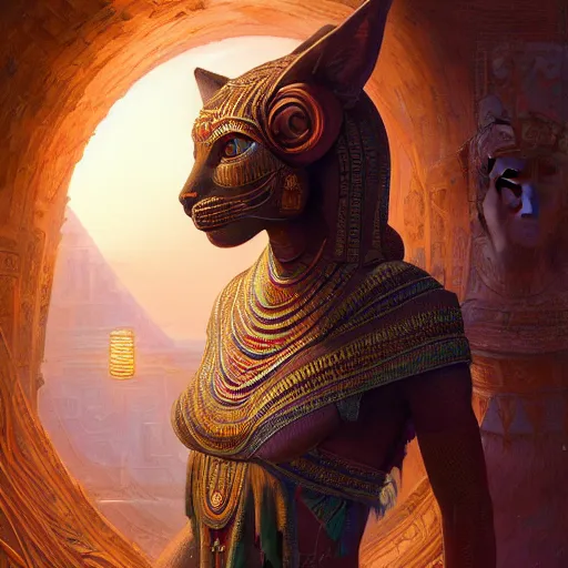 Image similar to highly detailed portrait of sekhmet the egyptian goddess, intricate alien technology, stephen bliss, unreal engine, fantasy art by greg rutkowski, loish, rhads, ferdinand knab, makoto shinkai and lois van baarle, ilya kuvshinov, rossdraws, tom bagshaw, global illumination, radiant light, detailed and intricate environment