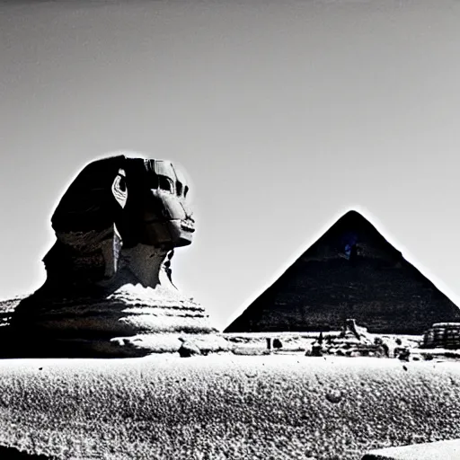 Prompt: ufo over the sphinx, film grain, shaky camera, black and white, award winning photograph,