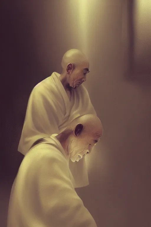 Image similar to Japanese monk, portrait, poor, intricate, elegant, volumetric lighting, scenery, digital painting, highly detailed, artstation, sharp focus, illustration, concept art,ruan jia, steve mccurry