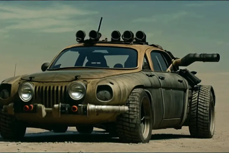 Prompt: dieselpunk mad max alpine a 1 1 0 with guns installed, movie still from ghost in the shell