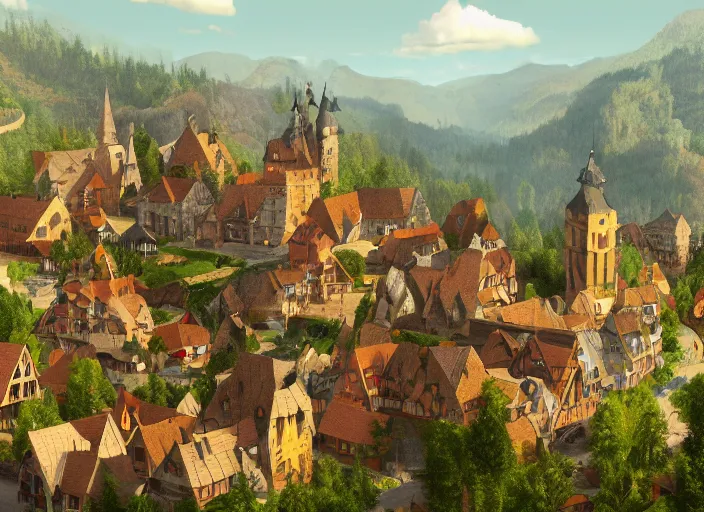 Image similar to ! dream a [ medieval ]!! german village with people selling various items, sitting on stiffly vivacious mountain ridges, trending on artstation, 4 k quality, polycount