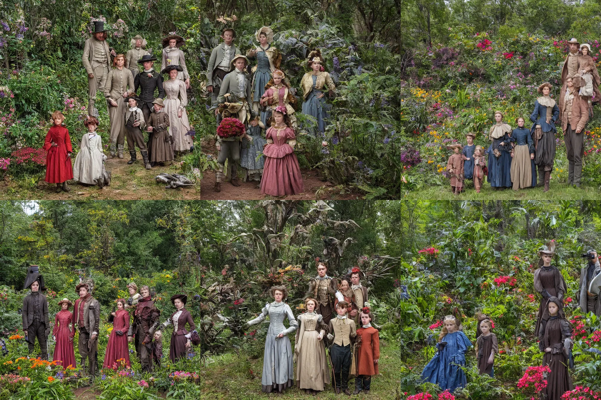 Prompt: sharp, highly detailed, 36352k film, 175000mm film still from a sci fi blockbuster color movie made in 2019, set in 1860, of a family standing in a park, next to some strange alien plants and flowers, on an alien planet, the family are all wearing 1860s era clothes, good lighting, ultra high definition, ultra enhanced faces, in focus, 35mm macro lens