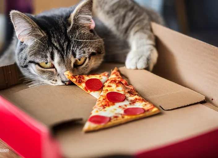 Image similar to photo of a very fat cat chewing pizza inside a cardboard box. nikon d 8 5 0 5 5 mm.