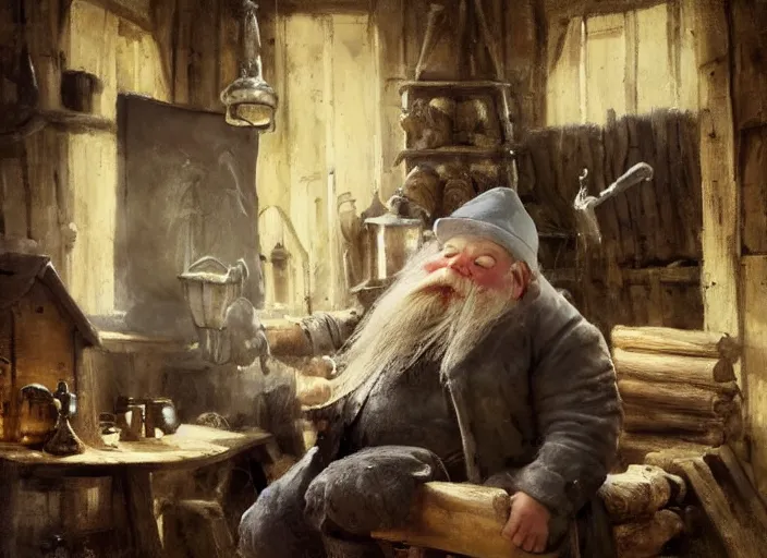 Image similar to oil painting, scandinavian gnome, dwarf, small with gray clothes, pointy top hat, in barn environment, hay and wooden tools, high detailed art by anders zorn, wonderful masterpiece by greg rutkowski, beautiful cinematic light, american romanticism by greg manchess, creation by tyler edlin